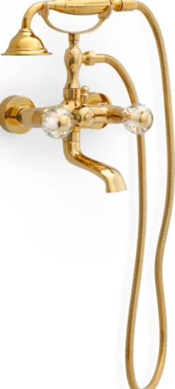 Casa Padrino Luxus Jugendstil Wannenbatterie mit Schlauch und Handbrause Gold - Badewannen Armatur mit Kristallglas - Nostalgisches Bad Zubehör