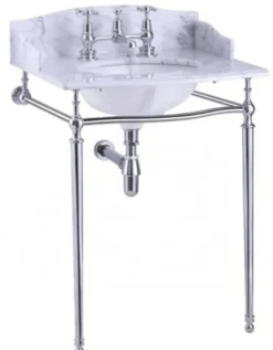 Casa Padrino Luxus Jugendstil Stand Waschtisch Weiß / Chrom mit Marmorplatte B 65cm mit Spritzschutz hinten und seitlich - Art Deco Waschbecken Barock Antik Stil