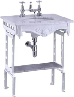 Casa Padrino Luxus Jugendstil Stand Waschtisch Weiß mit Marmorplatte, Waschbecken aus Porzellan und Ständer aus gebürstetem Aluminium, 805 x 650 x 575 mm