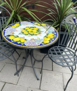 Casa Padrino Luxus Jugendstil Gartentisch Mehrfarbig / Grau Ø 70 cm - Schmiedeeisen Garten Tisch mit Lavastein Tischplatte - Barock & Jugendstil Garten Möbel - Luxus Qualität - Made in Italy