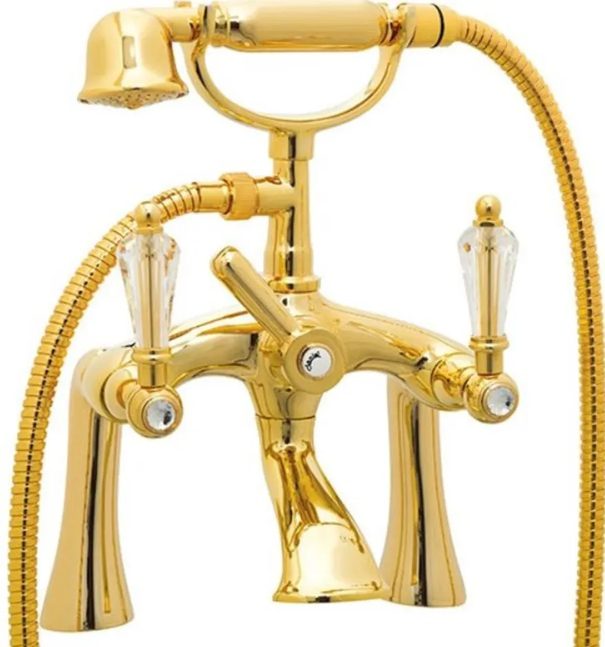 Casa Padrino Luxus Jugendstil Badewannenarmatur mit Swarovski Kristallglas Gold - Badewannen Armatur mit Handbrause - Nostalgisches Badezimmer Zubehör