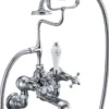 Casa Padrino Luxus Jugendstil Aufputz Badewannenarmatur Silber / Weiß H. 46,95 cm - Nostalgische Messing Badewannen Armatur mit Handbrause - Nostalgisches Badezimmer Zubehör