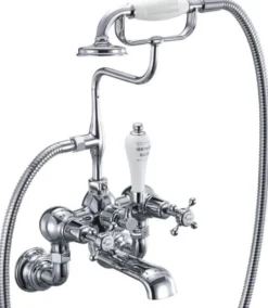Casa Padrino Luxus Jugendstil Aufputz Badewannenarmatur Silber / Weiß H. 46,95 cm - Nostalgische Messing Badewannen Armatur mit Handbrause - Nostalgisches Badezimmer Zubehör