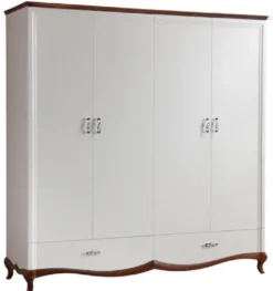 Casa Padrino Luxus Jugendstil Schlafzimmerschrank Hochglanz Weiß / Braun 204,4 x 62,5 x H. 209,5 cm - Massivholz Kleiderschrank mit 4 Türen und 2 Schubladen - Schlafzimmer Möbel