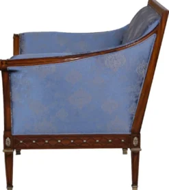 Casa Padrino Luxus Jugendstil Sessel Blau / Braun / Antik Messingfarben 112 x 89 x H. 100 cm - Edler Mahagoni Wohnzimmer Sessel mit elegantem Damastmuster - Barock & Jugendstil Wohnzimmer Möbel