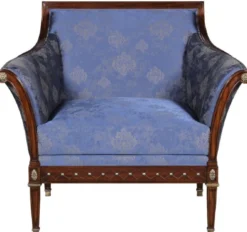 Casa Padrino Luxus Jugendstil Sessel Blau / Braun / Antik Messingfarben 112 x 89 x H. 100 cm - Edler Mahagoni Wohnzimmer Sessel mit elegantem Damastmuster - Barock & Jugendstil Wohnzimmer Möbel