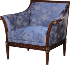 Casa Padrino Luxus Jugendstil Sessel Blau / Braun / Antik Messingfarben 112 x 89 x H. 100 cm - Edler Mahagoni Wohnzimmer Sessel mit elegantem Damastmuster - Barock & Jugendstil Wohnzimmer Möbel