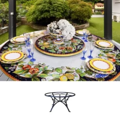 Casa Padrino Luxus Jugendstil Gartentisch Früchtegirlande Blau Ø 180 cm - Runder Esstisch aus handbemaltem Lavastein - Gastronomie Möbel - Made in Italy