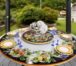 Casa Padrino Luxus Jugendstil Gartentisch Früchtegirlande Blau Ø 180 cm - Runder Esstisch aus handbemaltem Lavastein - Gastronomie Möbel - Made in Italy