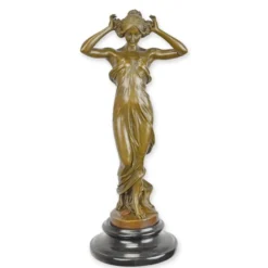 Casa Padrino Luxus Jugendstil Bronzefigur Nymphe im fließenden Gewand Bronze / Schwarz 12,9 x 14,7 x H. 34,3 cm - Bronze Skulptur mit Marmorsockel - Jugendstil Deko Figur - Frauen Skulptur