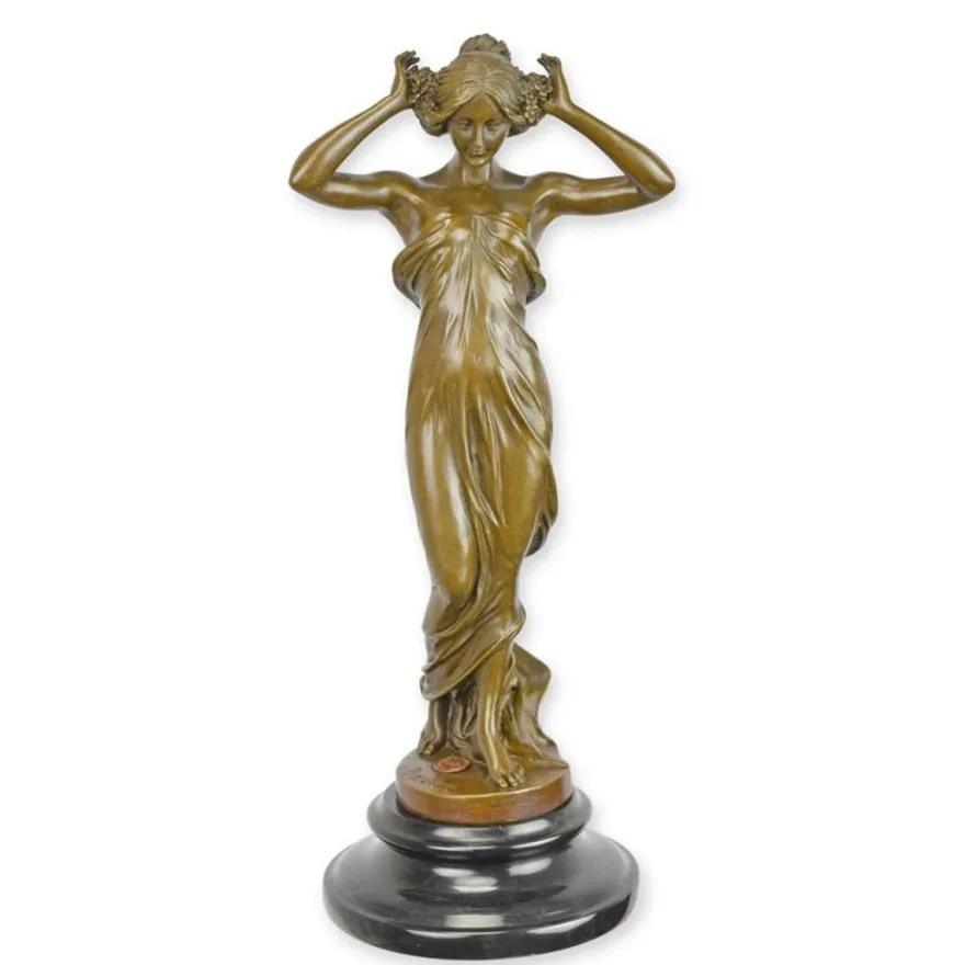 Casa Padrino Luxus Jugendstil Bronzefigur Nymphe im fließenden Gewand Bronze / Schwarz 12,9 x 14,7 x H. 34,3 cm - Bronze Skulptur mit Marmorsockel - Jugendstil Deko Figur - Frauen Skulptur