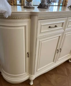 Casa Padrino Luxus Jugendstil Sideboard Creme / Antik Messing 176 x 57,5 x H. 111 cm - Eleganter Massivholz Schrank mit 4 Türen und 2 Schubladen - Barock & Jugendstil Möbel