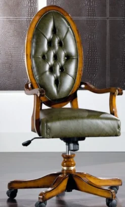 Casa Padrino Luxus Jugendstil Bürostuhl Vintage Grün / Braun 56 x 47 x H. 110-120 cm - Höhenverstellbarer Schreibtischstuhl mit Echtleder - Barock & Jugendstil Büro Möbel