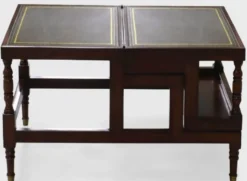 Casa Padrino Luxus Jugendstil Couchtisch Dunkelbraun / Grün / Gold - Ausklappbare Massivholz Bibliothekstreppe mit Echtleder - Jugendstil Wohnzimmer Möbel - Edel & Prunkvoll