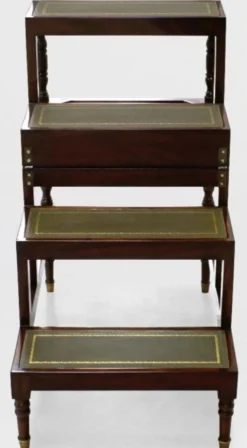Casa Padrino Luxus Jugendstil Couchtisch Dunkelbraun / Grün / Gold - Ausklappbare Massivholz Bibliothekstreppe mit Echtleder - Jugendstil Wohnzimmer Möbel - Edel & Prunkvoll
