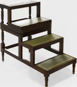 Casa Padrino Luxus Jugendstil Couchtisch Dunkelbraun / Grün / Gold - Ausklappbare Massivholz Bibliothekstreppe mit Echtleder - Jugendstil Wohnzimmer Möbel - Edel & Prunkvoll