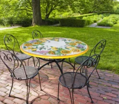 Casa Padrino Luxus Jugendstil Gartentisch Trauben, Zitronen und Sonnenblumen Ø 120 cm - Runder Esstisch aus handbemaltem Lavastein - Gastronomie Möbel - Made in Italy