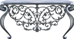 Casa Padrino Luxus Jugendstil Konsole Grau 150 x 45 x H. 90 cm - Handgefertigter Schmiedeeisen Konsolentisch mit Metall Tischplatte - Wohnzimmer Garten Terrassen Möbel