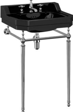 Casa Padrino Luxus Jugendstil Waschtisch Schwarz / Silber 56 x 47 x H. 90 cm - Porzellan 3-Loch Stand Waschbecken mit Untergestell - Badezimmer Möbel