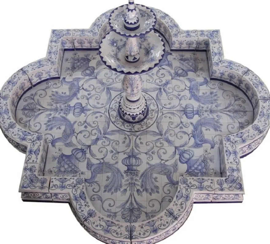 Casa Padrino Luxus Jugendstil Springbrunnen Weiß / Blau 300 x 300 x H. 155 cm - Handgefertigter & Handbemalter Keramik Gartenbrunnen - Barock & Jugendstil Garten Deko Accessoires