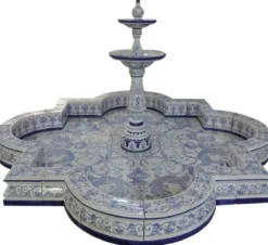 Casa Padrino Luxus Jugendstil Springbrunnen Weiß / Blau 300 x 300 x H. 155 cm - Handgefertigter & Handbemalter Keramik Gartenbrunnen - Barock & Jugendstil Garten Deko Accessoires