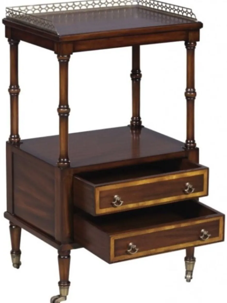 Casa Padrino Luxus Jugendstil Beistelltisch mit 2 Schubladen Dunkelbraun / Gold 42 x 33 x H. 74 cm - Telefontisch mit Rollen