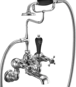 Casa Padrino Luxus Jugendstil Aufputz Badewannenarmatur Silber / Schwarz H. 46,95 cm - Nostalgische Messing Badewannen Armatur mit Handbrause - Nostalgisches Badezimmer Zubehör
