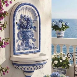 Casa Padrino Luxus Jugendstil Wandbrunnen Weiß / Blau H. 130 cm - Garten Deko
