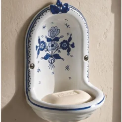 Casa Padrino Luxus Jugendstil Keramik Wandseifenschale Weiß / Blau H. 18 cm - Jugendstil Badezimmer Accessoires - Made in Italy