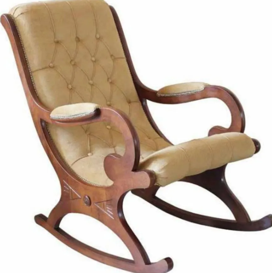 Casa Padrino Luxus Jugendstil Schaukelsessel Beige / Braun - Handgefertigter Samt Schaukelstuhl mit Armlehnen - Barock & Jugendstil Wohnzimmer & Büro Möbel - Luxus Qualität - Made in Italy