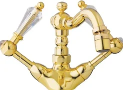 Casa Padrino Luxus Jugendstil Waschtisch Armatur mit Swarovski Kristallglas Gold H. 14,5 cm - Nostalgisches Bad Zubehör - Luxus Qualität - Made in Italy
