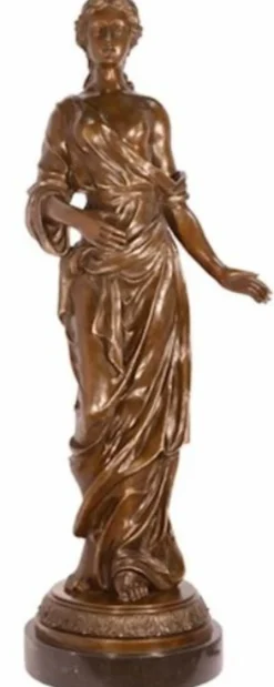Casa Padrino Luxus Jugendstil Bronze Skulptur Dame Bronzefarben / Schwarz 31,9 x 24,8 x H. 85,7 cm - Elegante Bronzefigur mit Marmorsockel - Barock & Jugendstil Deko Accessoires