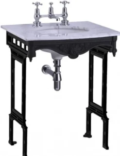 Casa Padrino Luxus Jugendstil Stand Waschtisch Weiß / Schwarz mit Marmorplatte 650 x 575 x 805 mm