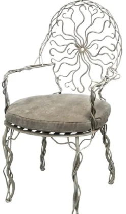 Casa Padrino Luxus Jugendstil Garten Stuhl Grau 60 x 60 x H. 100 cm - Handgeschmiedeter Esszimmer Stuhl mit Armlehnen und Sitzkissen - Luxus Jugendstil Garten & Esszimmer Möbel