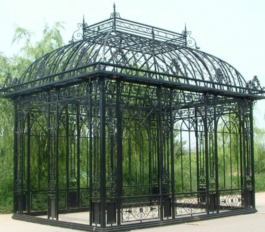 Casa Padrino Luxus Jugendstil Garten Pavillon Schwarz 593 x 379 x H. 520 cm - Eleganter Schmiedeeisen Gartenhaus - Edel & Prunkvoll