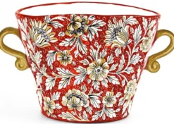 Casa Padrino Luxus Keramik Blumentopf mit 2 Tragegriffen Rot / Mehrfarbig Ø 27 x H. 20 cm - Handgefertigter & handbemalter Keramik Pflanzentopf - Luxus Qualität - Made in Italy