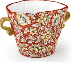 Casa Padrino Luxus Keramik Blumentopf mit 2 Tragegriffen Rot / Mehrfarbig Ø 27 x H. 20 cm - Handgefertigter & handbemalter Keramik Pflanzentopf - Luxus Qualität - Made in Italy