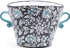 Casa Padrino Luxus Keramik Blumentopf mit 2 Tragegriffen Schwarz / Mehrfarbig Ø 27 x H. 20 cm - Handgefertigter & handbemalter Keramik Pflanzentopf - Luxus Qualität - Made in Italy