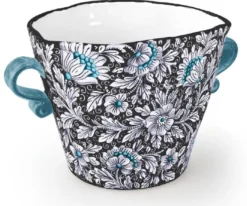 Casa Padrino Luxus Keramik Blumentopf mit 2 Tragegriffen Schwarz / Mehrfarbig Ø 27 x H. 20 cm - Handgefertigter & handbemalter Keramik Pflanzentopf - Luxus Qualität - Made in Italy