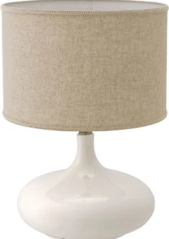 Casa Padrino Luxus Keramik Tischleuchte Weiß / Antik Messingfarben / Beige Ø 46 x H. 64,5 cm - Moderne Tischlampe mit Lampenschirm - Luxus Kollektion