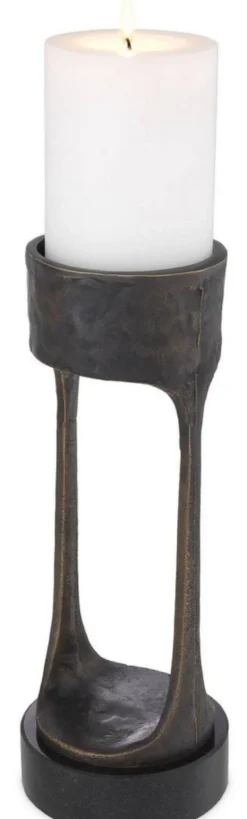 Casa Padrino Luxus Kerzenhalter Bronzefarben / Schwarz Ø 13 x H. 35 cm - Messing Kerzenständer mit Granitsockel - Deko Accessoires