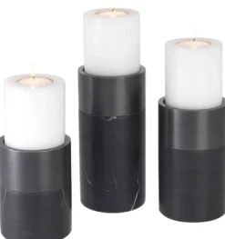 Casa Padrino Luxus Kerzenhalter Set Schwarz / Bronzefarben - 3 runde Marmor Kerzenhalter - Luxus Qualität - Deko Accessoires