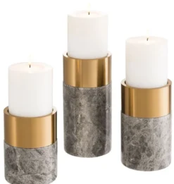 Casa Padrino Luxus Kerzenhalter Set Grau / Messing - 3 runde Marmor Kerzenhalter - Luxus Qualität - Deko Accessoires