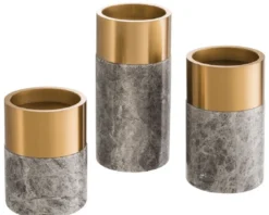 Casa Padrino Luxus Kerzenhalter Set Grau / Messing - 3 runde Marmor Kerzenhalter - Luxus Qualität - Deko Accessoires