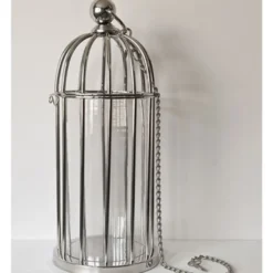 Casa Padrino Luxus Kerzenleuchter Messing vernickelt im Vogelkäfig Design 25 x H. 56 cm - Hotel Restaurant Accessoires Windlicht Ständer Hurricane