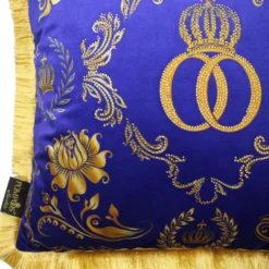Casa Padrino Luxus Kissen Harald Glööckler Pompöös Blau / Gold mit Krone und Strass Steinen 50 x 50 cm