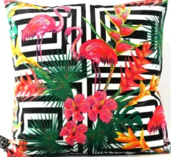 Casa Padrino Luxus Kissen Miami Flamingos & Flowers Mehrfarbig 45 x 45 cm - Feinster Samtstoff - Deko Wohnzimmer Kissen