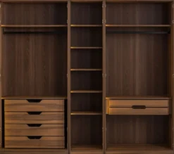 Casa Padrino Luxus Kleiderschrank Braun / Schwarz 250 x H. 220 cm - Massivholz Schlafzimmerschrank mit 5 Glastüren und LED Beleuchtung - Schlafzimmer Möbel - Hotel Möbel - Luxus Möbel