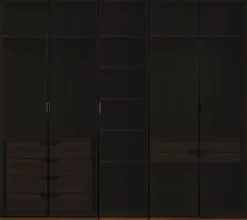 Casa Padrino Luxus Kleiderschrank Braun / Schwarz 250 x H. 220 cm - Massivholz Schlafzimmerschrank mit 5 Glastüren und LED Beleuchtung - Schlafzimmer Möbel - Hotel Möbel - Luxus Möbel