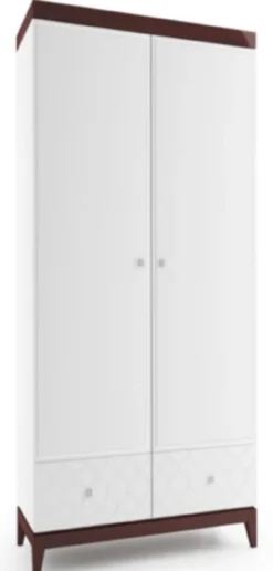 Casa Padrino Luxus Kleiderschrank Weiß / Hochglanz Braun 111,2 x 60 x H. 205 cm - Massivholz Schlafzimmerschrank mit 2 Türen und 2 Schubladen - Schlafzimmermöbel